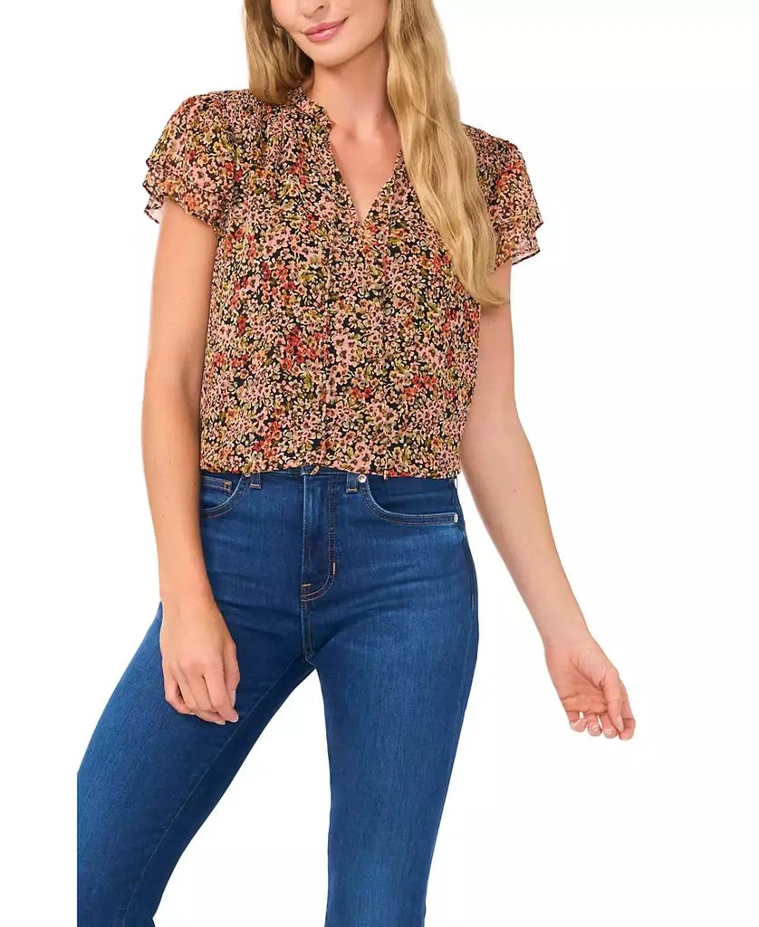 CeCe Women's Ditsy Floral Tie Front Blouse with Smocking 1