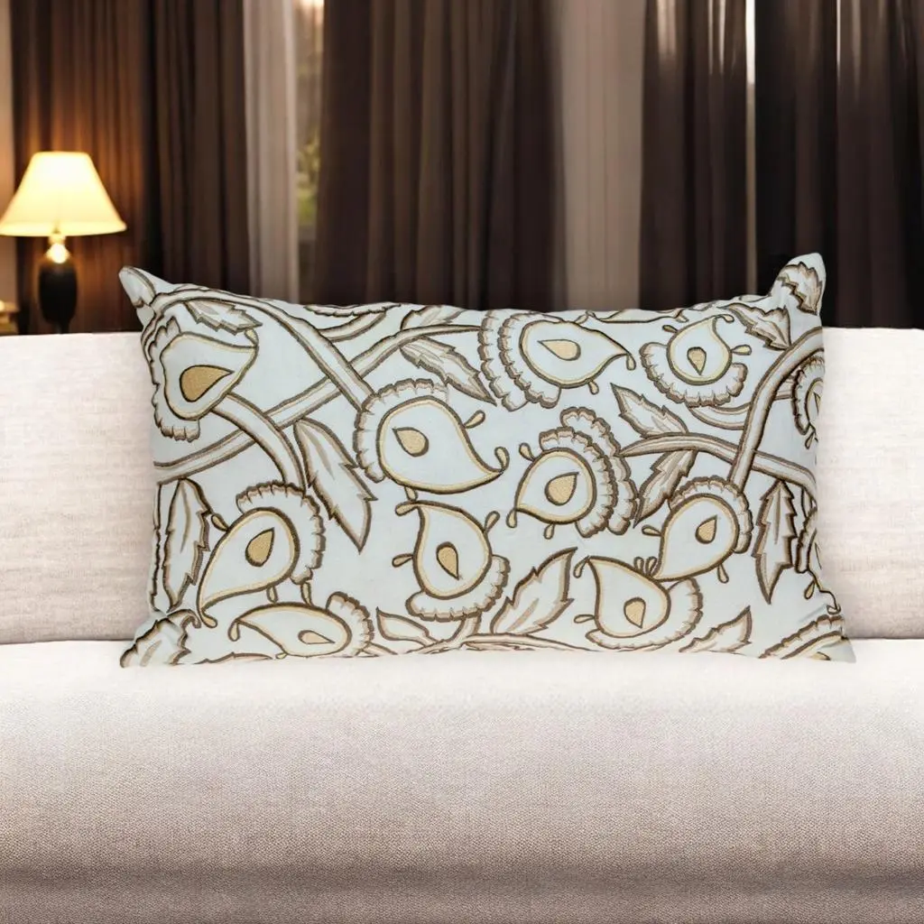 Hivvago 14" X 24" Brown and White Cotton Lumbar Throw Pillow with Embroidery