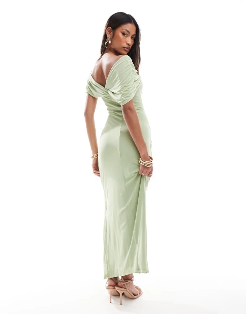 ASOS ASOS DESIGN mesh off shoulder twist bust detail midi dress in sage green 4