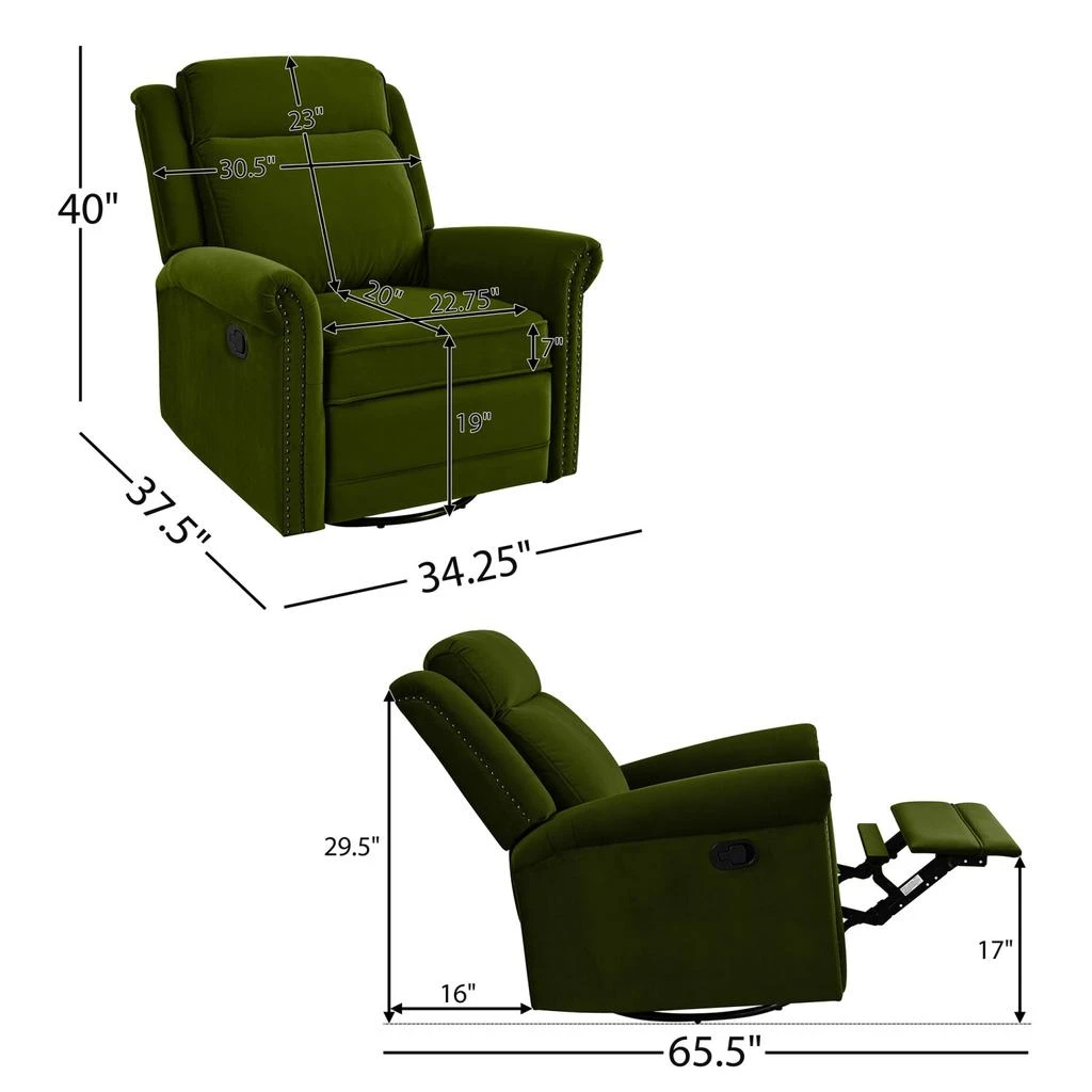 Streamdale Furniture Streamdale 360 Swivel Rocking Recliner, Adjustable Back, Green 2