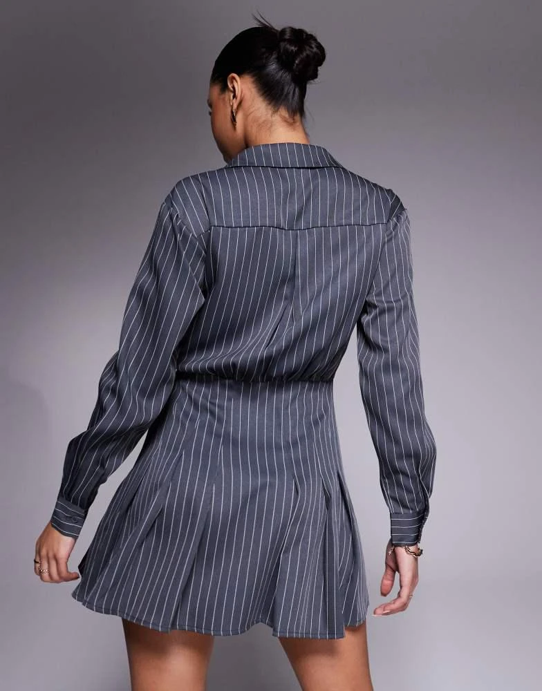 In The Style In The Style x Natalya Wright exclusive tailored pleated mini shirt dress in charcoal pinstripe 4