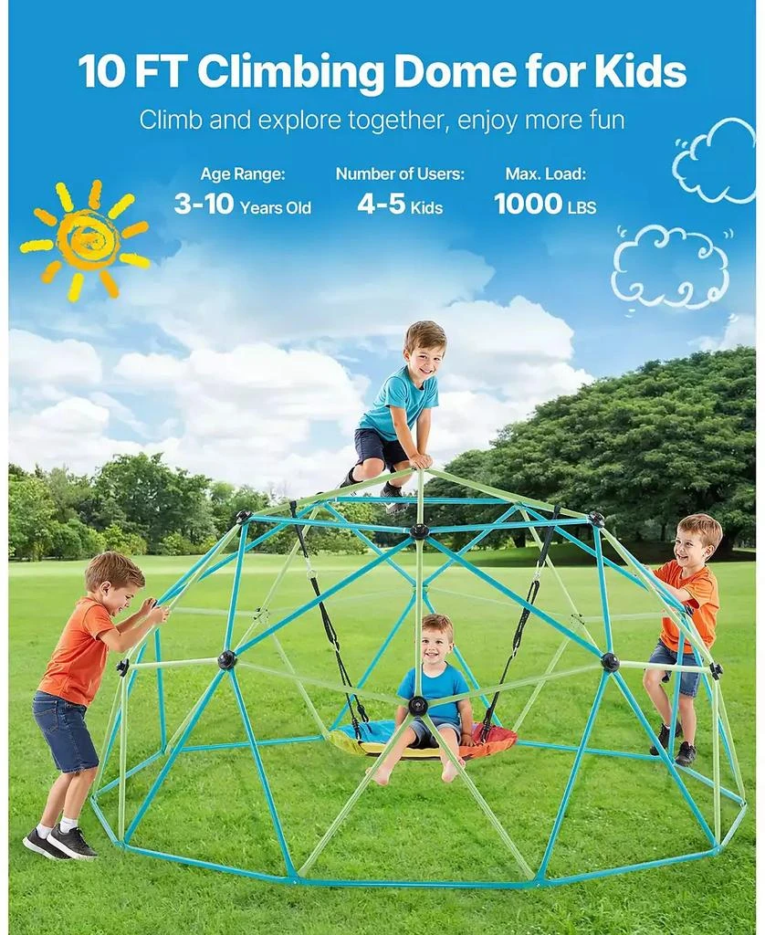 SUGIFT 10FT Kids Climbing Dome 1000 LB Capacity with Saucer Swing 6
