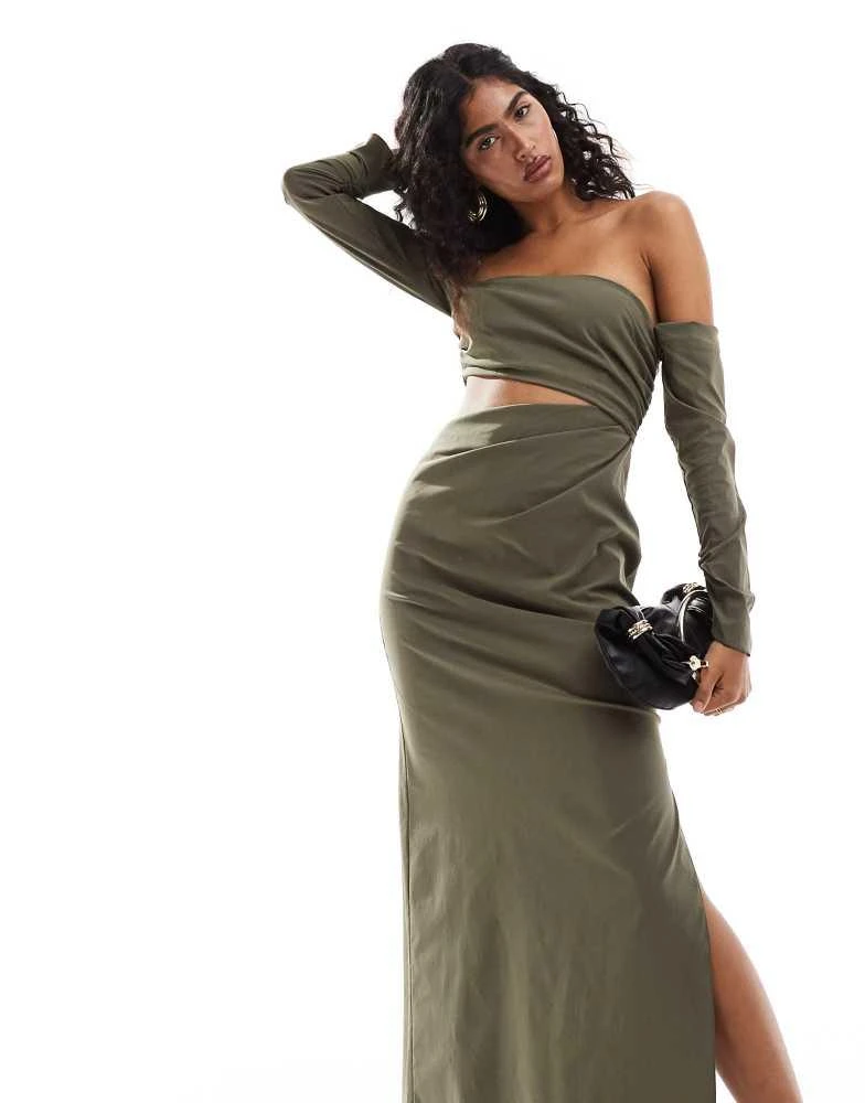 Shop ASOS DESIGN bardot long sleeve cut out midaxi dress in khaki on Sale  at BeyondStyle  Get 77% Off ASOS DESIGN bardot long sleeve cut out midaxi  dress in khaki with