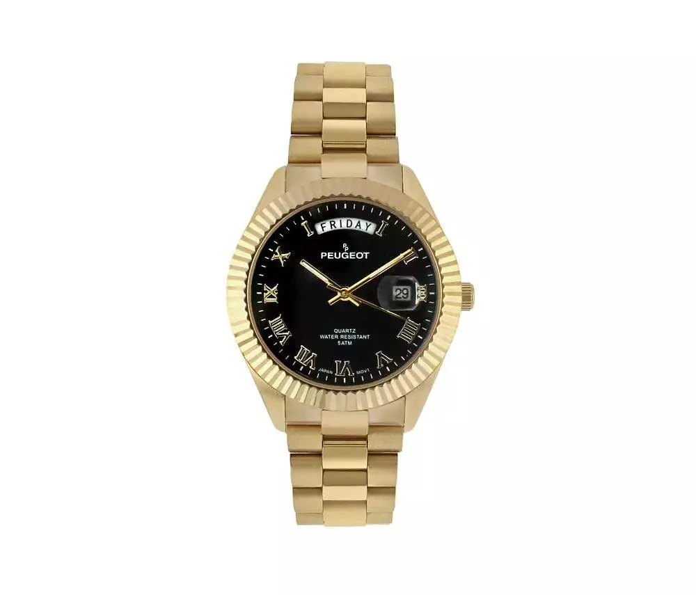 Peugeot Men's 40mm Black Face Fluted Bezel Gold Bracelet Watch 1