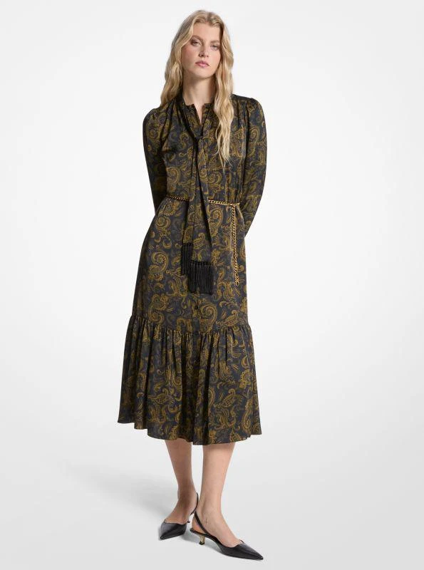Michael Kors Paisley Print Satin Tie-Neck Midi Dress