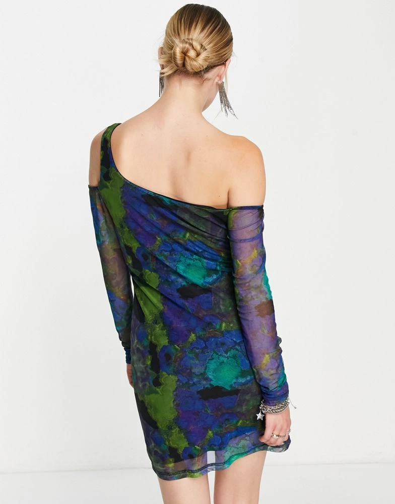 Topshop Topshop long sleeve mesh ruched blurred floral mini dress in blue 2