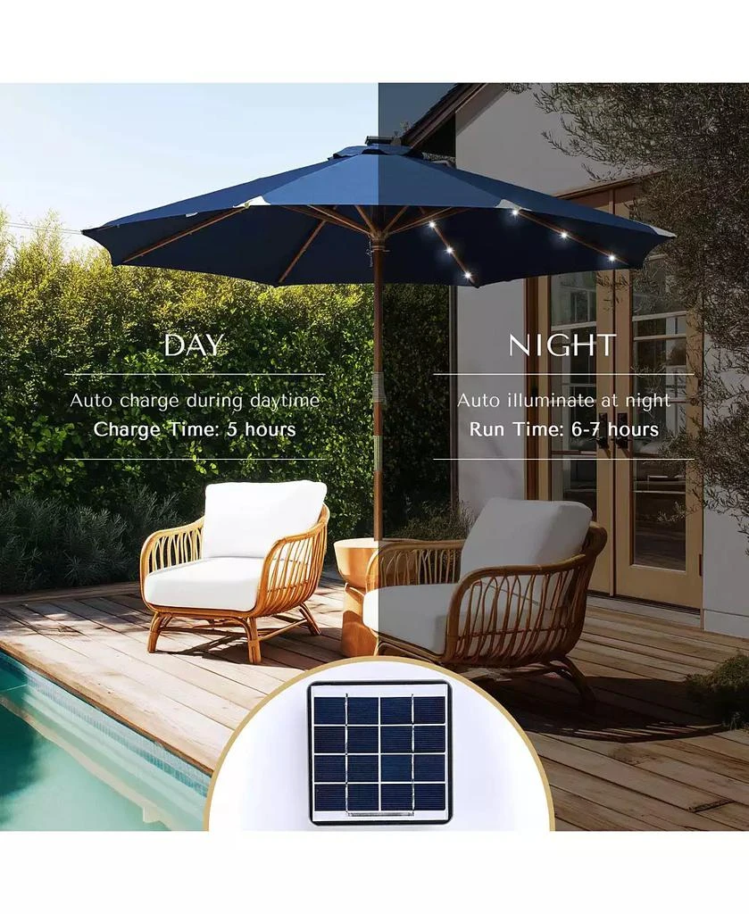 LAGarden Boho 32 LED 9Ft Wood Market Patio Umbrella with Solar Lights for Bar Hotel Resort Alfresco Dining Rooftop Restauran Navy Blue 6