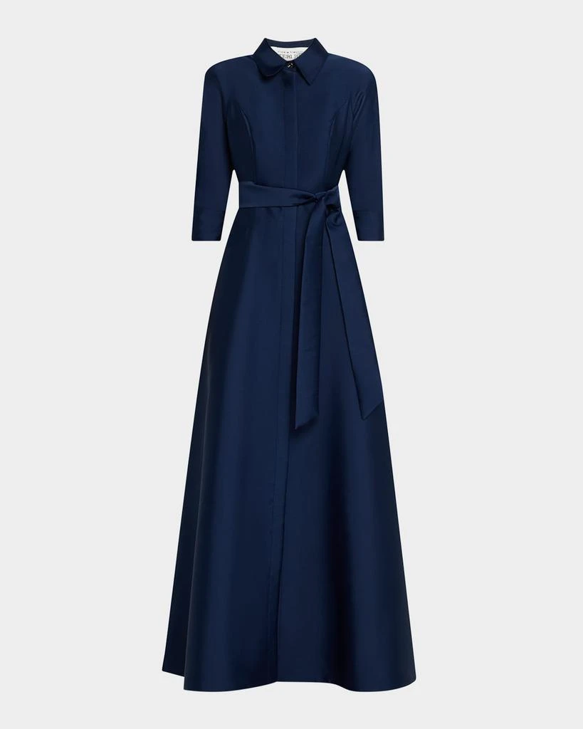 Teri Jon Belted 3/4-Sleeve Mikado Shirt Gown 1