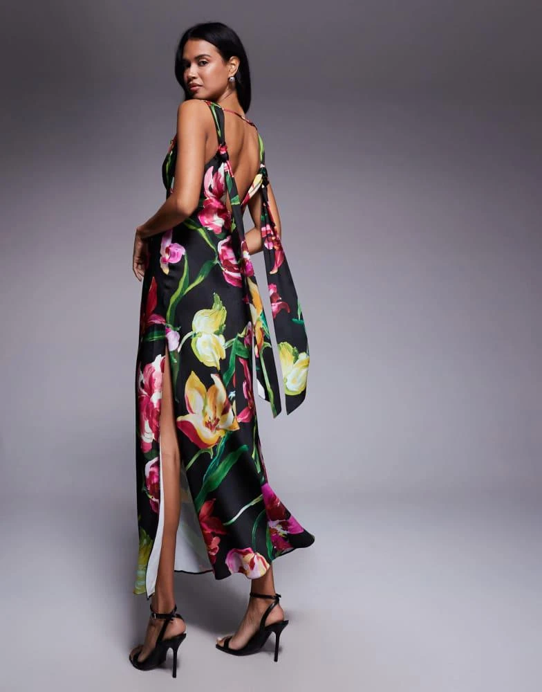 Shop ASOS DESIGN satin drape neckline midi dress with long tie back detail and split in black based floral print on Sale at BeyondStyle Get 75% Off ASOS DESIGN satin drape Shop ASOS DESIGN satin drape neckline midi dress with long tie back detail and split in black based floral print on Sale at BeyondStyle Get 75% Off ASOS DESIGN satin drape