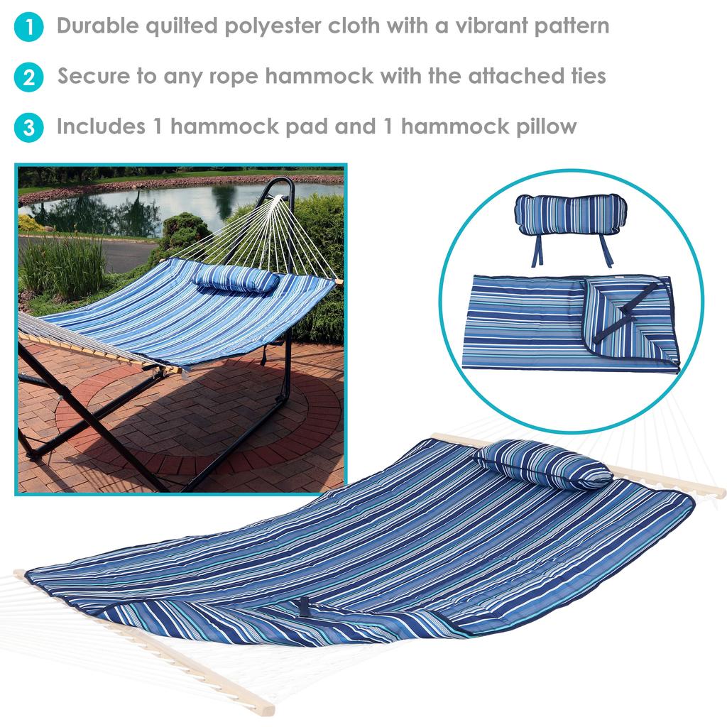 Sunnydaze Outdoor Weather-Resistant Polyester Quilted Hammock Cushion Pad and Hammock Pillow with Ties
