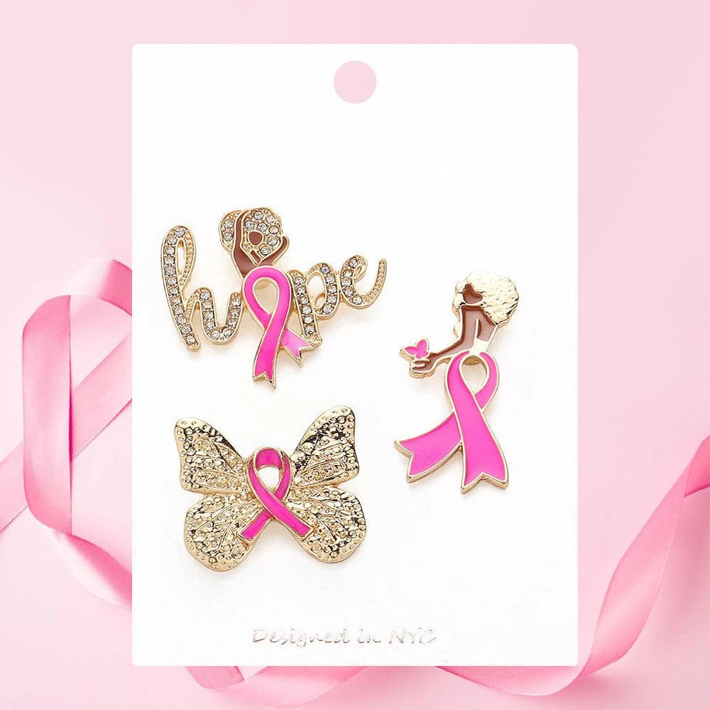 FASHNZFAB 3PCS - Pink Ribbon Pointed Hope Message Afro Girl Butterfly Lapel Mini Pin Brooches