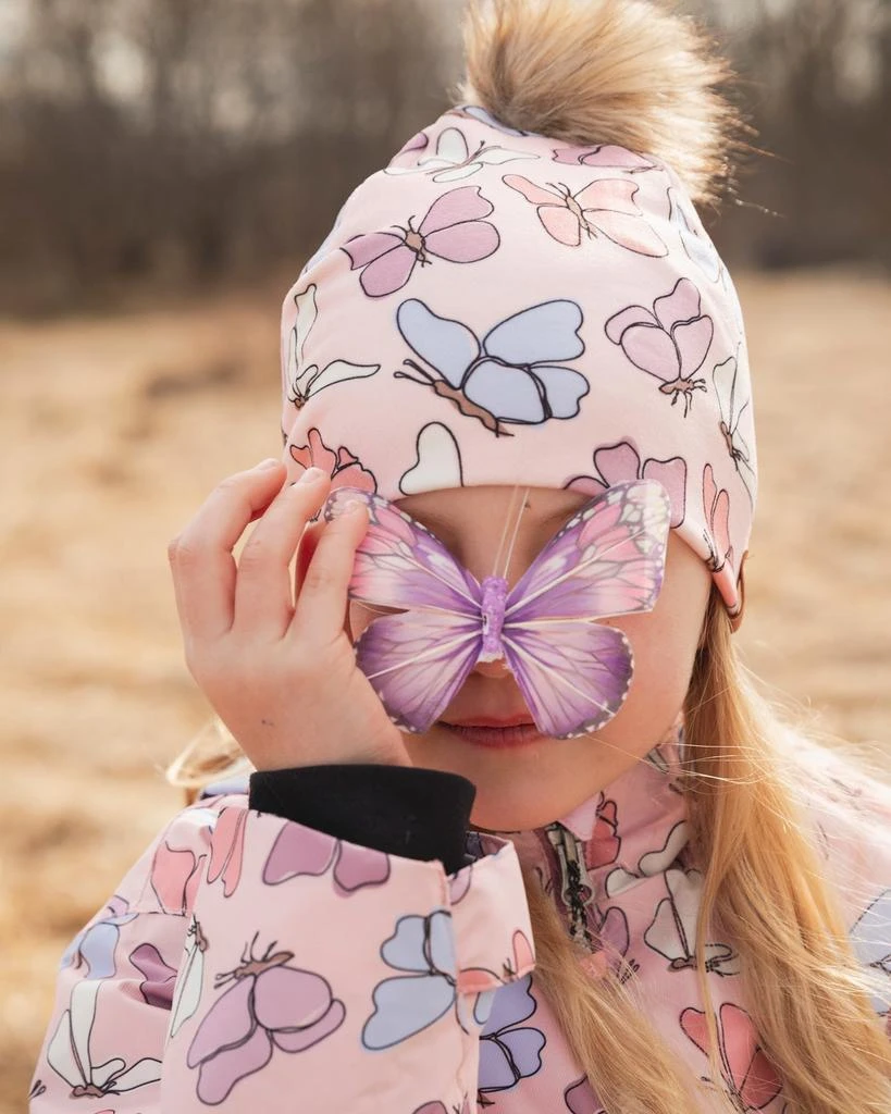Deux par Deux Stretch Jersey Hat Pink Printed Butterflies with Pompom 2