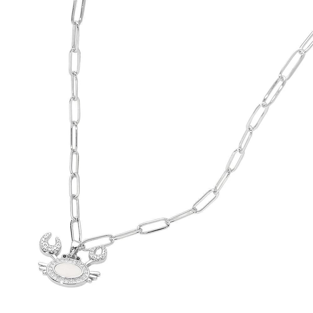 FASHNZFAB Stainless Steel Mother of Pearl CZ Stone Paved Crab Charm Pendant Paperclip Chain Necklace 2
