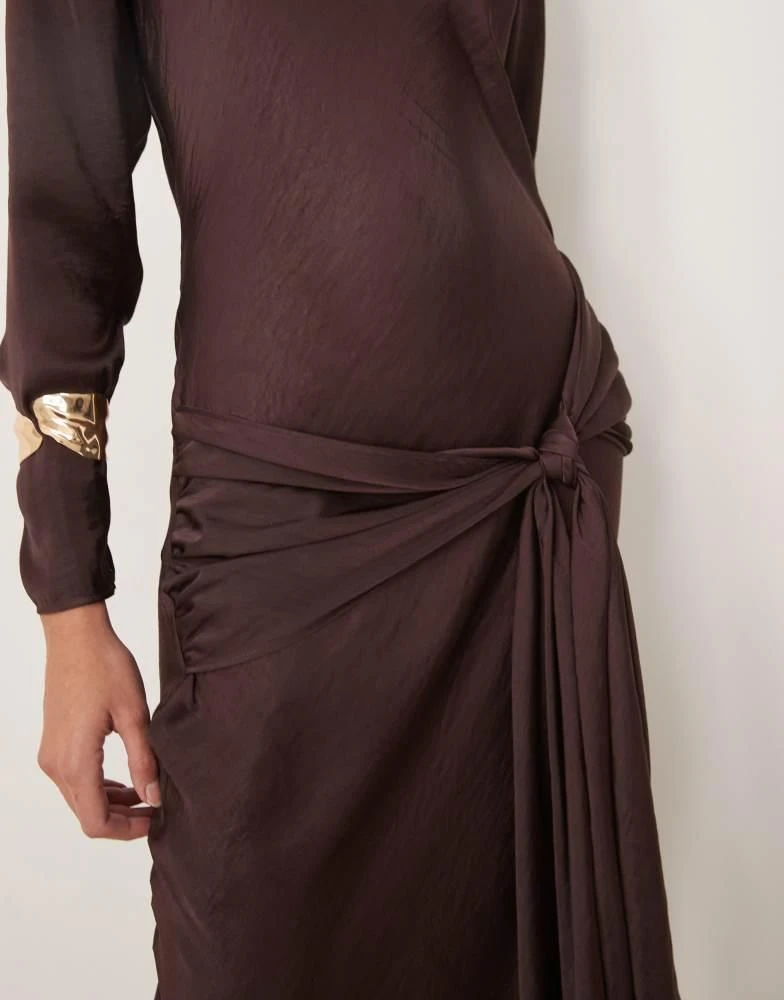 ASOS ASOS DESIGN long sleeve satin tie front maxi dress in chocolate 4