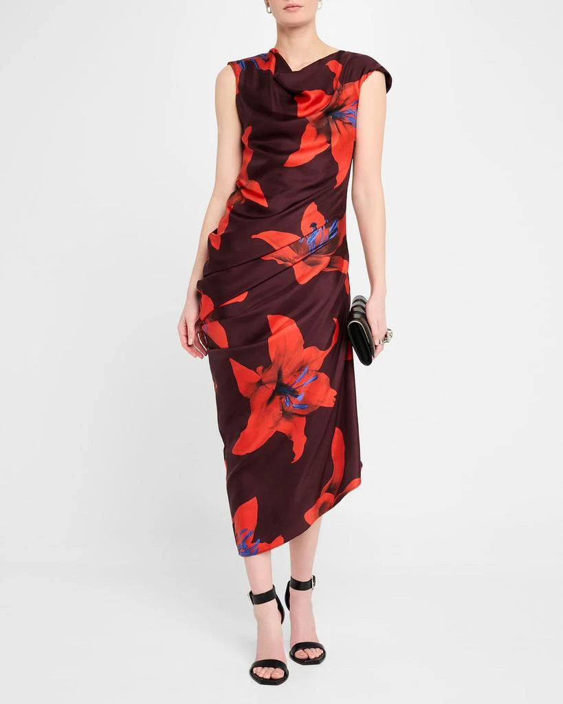McQueen Lily-Print Draped Short-Sleeve Midi Dress 2