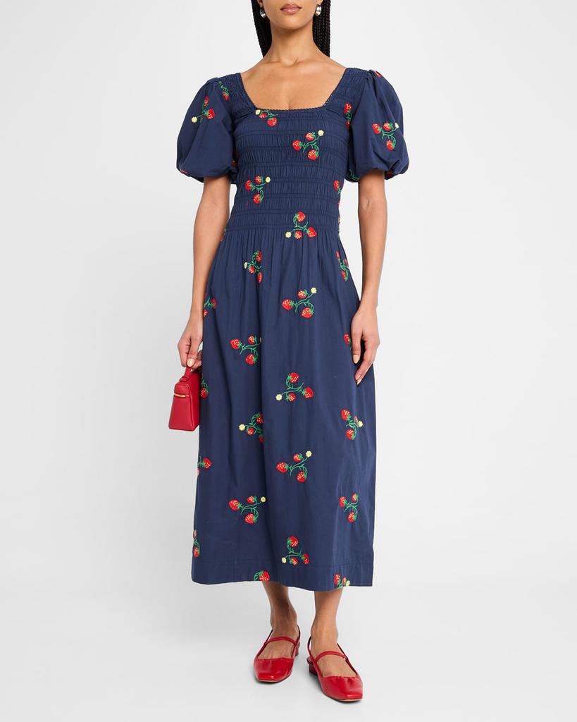 Damson Madder Lauren Strawberry Puff-Sleeve Midi Dress