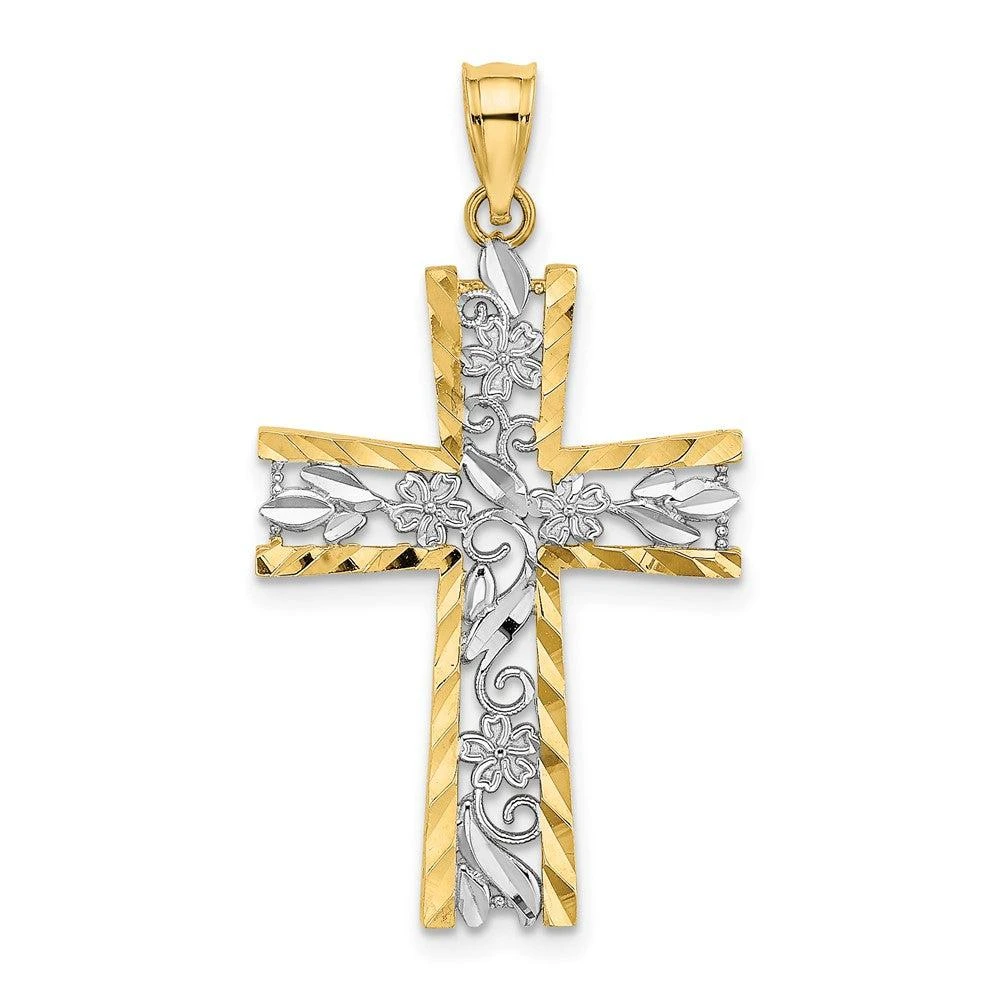 Diamond2Deal 10k Yellow Gold Rhodium Diamond-Cut Flower Design Cross Charm