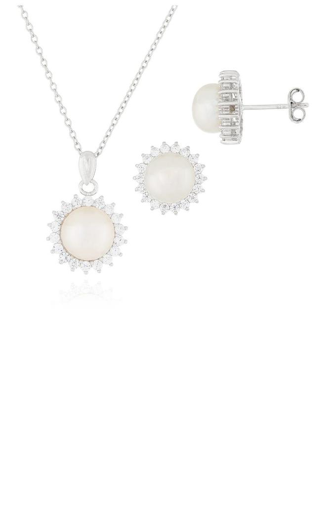 SPLENDID PEARLS 8.5-9mm White Freshwater Pearl & CZ Halo Pendant Necklace & Stud Earrings Set