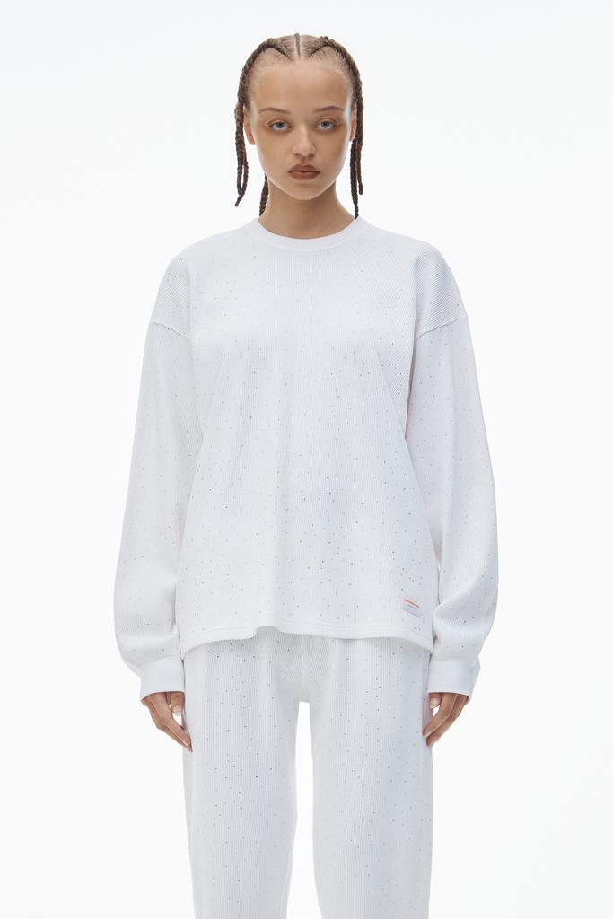 Alexander Wang Crystal Hotfix Crewneck Long-Sleeve Tee in Waffle Knit