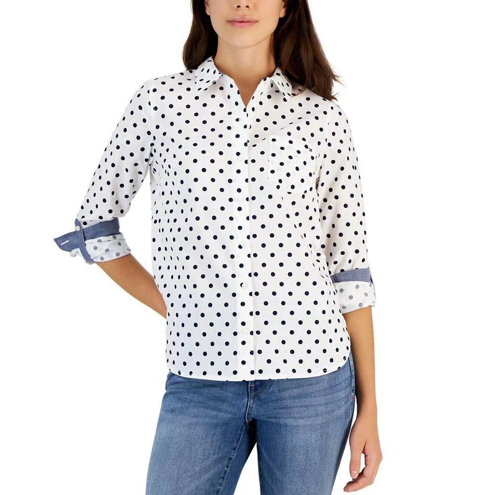Tommy Hilfiger Women's Cotton Polka-Dot Roll-Tab Shirt 1