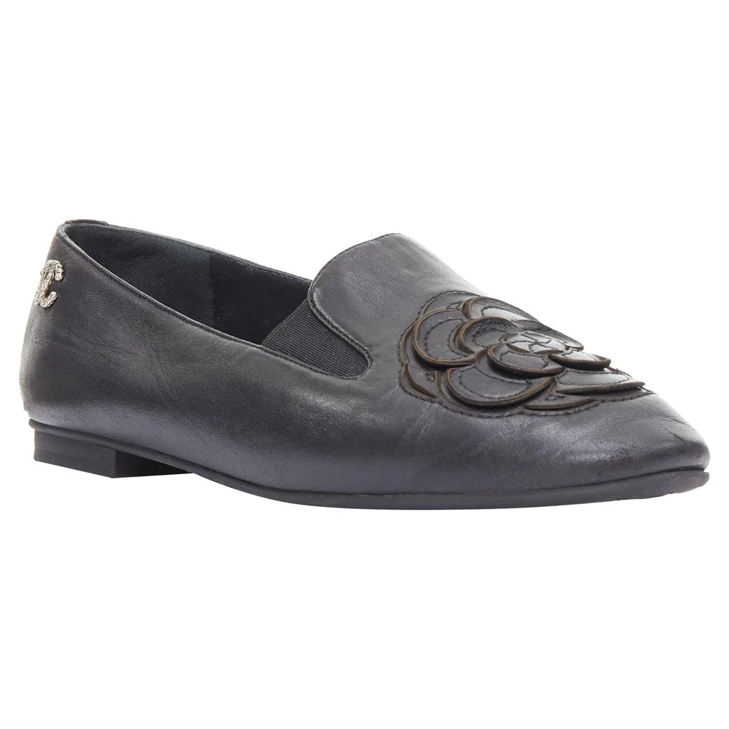 Chanel black leather camellia loafers 2