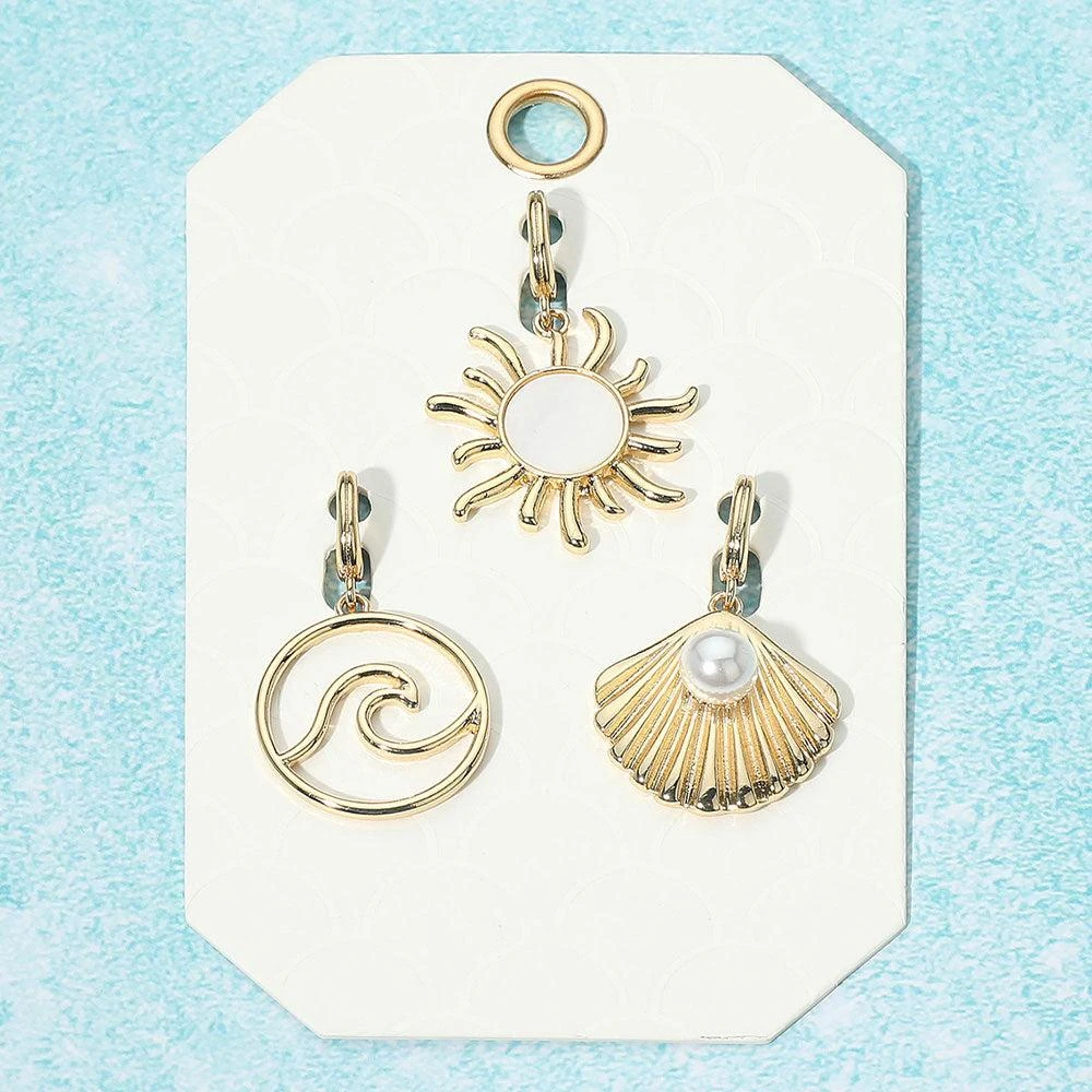 FASHNZFAB 3PCS - Ocean Inspired Mother of Pearl Sun Wave Pearl Seashell Pendant Charm Set - Gold