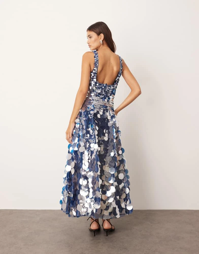 ARRANGE ARRANGE embellished disc sequin square neck full skirt midi dress in blue 4