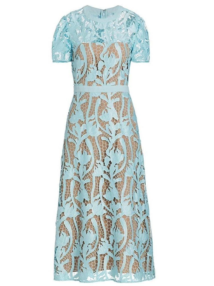 Self-Portrait Self Portrait Women Light Blue Short Sleeve Round Neckline Lace Midi Dress 1