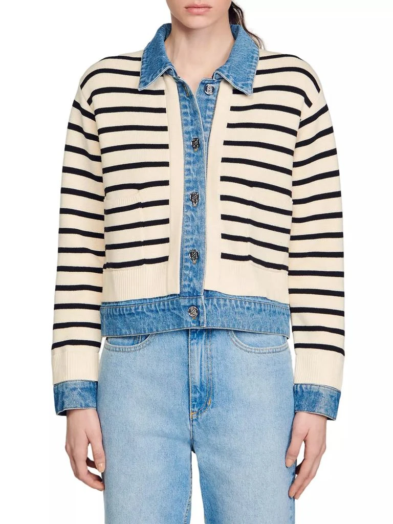 Sandro Stripy Knit and Denim Coatigan 2