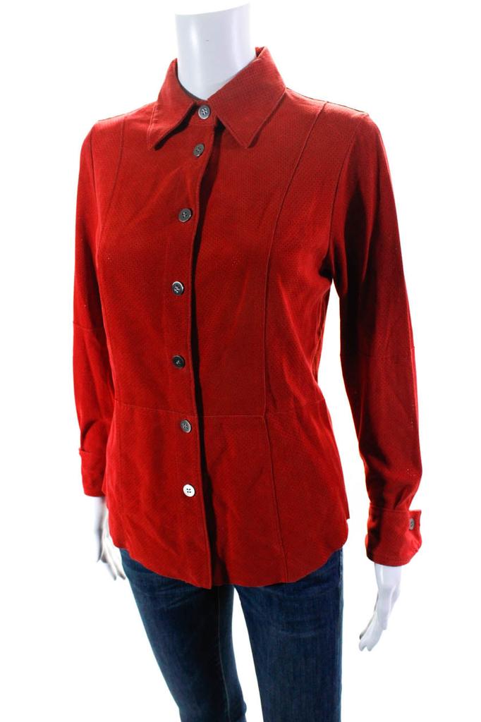 WORTH Womens Perforated Suede Long Sleeve Button Up Shirt Jacket Red