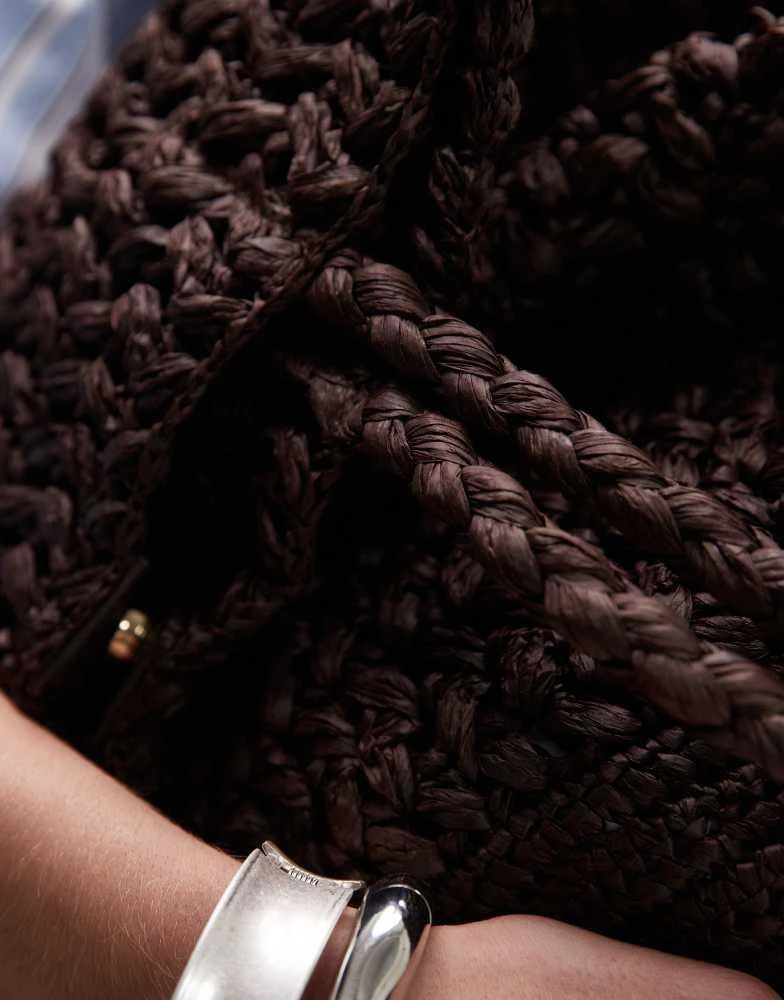 Mango Mango premium jumbo raffia tote bag in chocolate brown 2