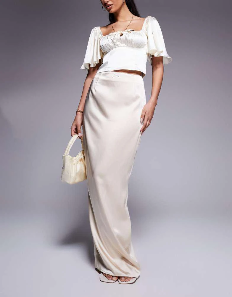 Kaiia Kaiia exclusive satin bodycon bow trim detail maxi skirt in cream 5