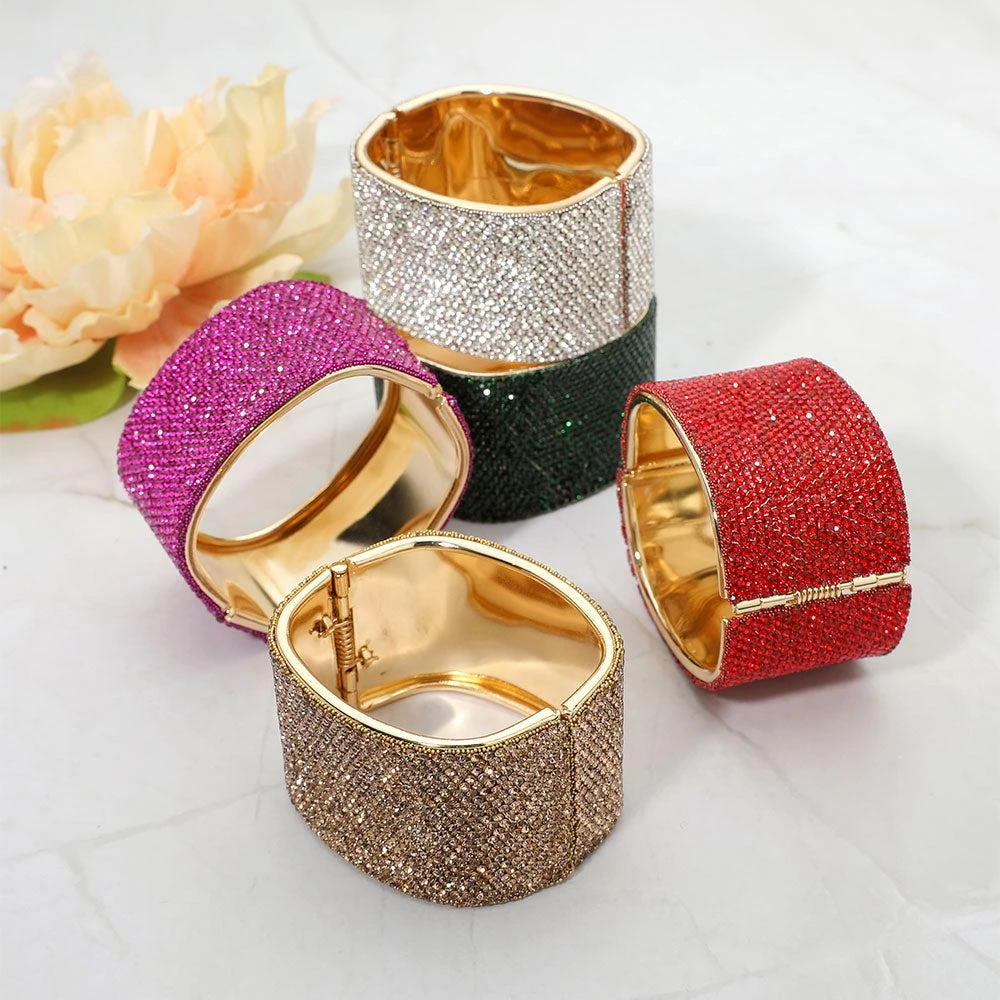 FASHNZFAB Wide Pearl Paved Hinged Evening Bangle Bracelet 4