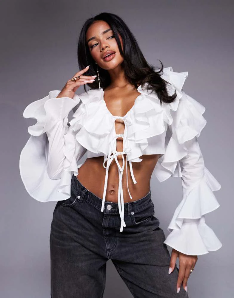 ASOS LUXE ASOS LUXE cotton poplin exaggerated ruffle blouse in white 1