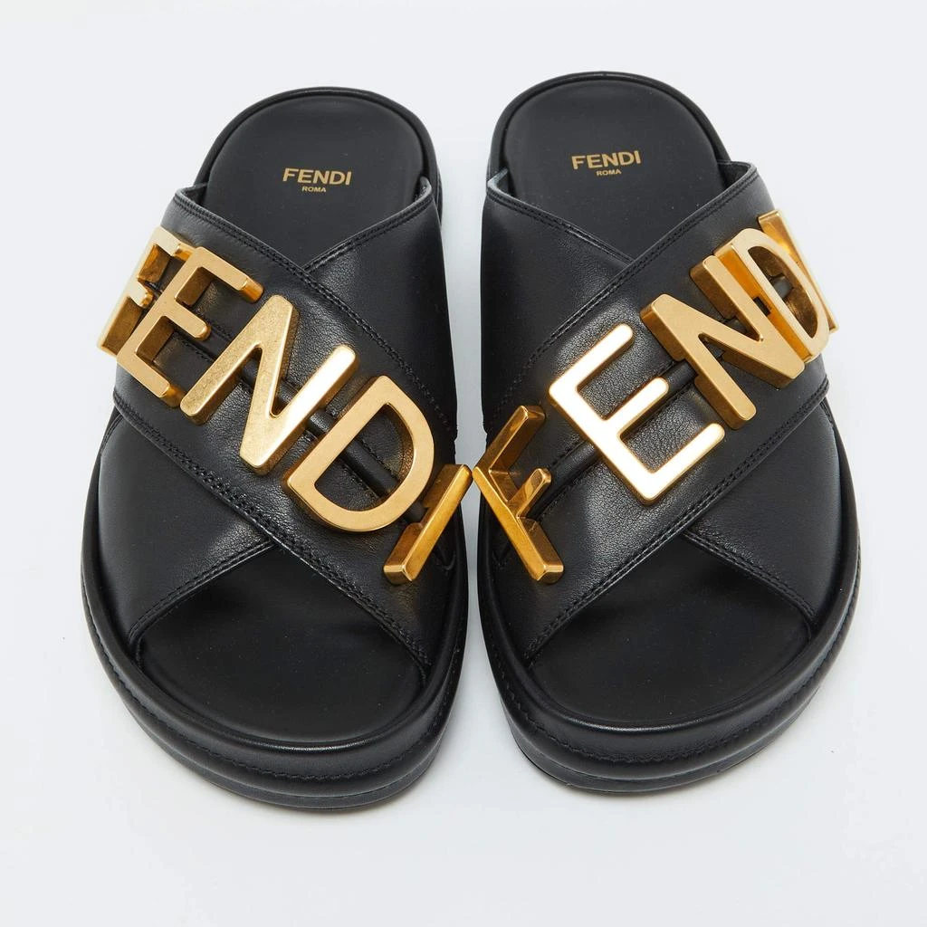 Fendi Fendi Black Leather Fendigraphy Flat Slide Sandals Size 37 3