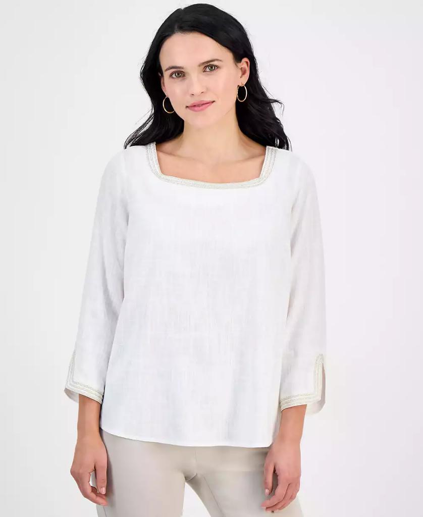 JM Collection Petite Square-Neck Rope-Trim 3/4-Sleeve Top, Exclusively at Macy's