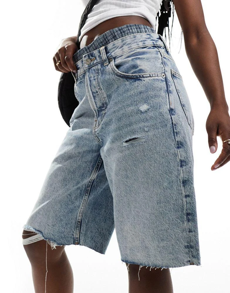 Mango Mango longline raw hem denim shorts in light blue 1