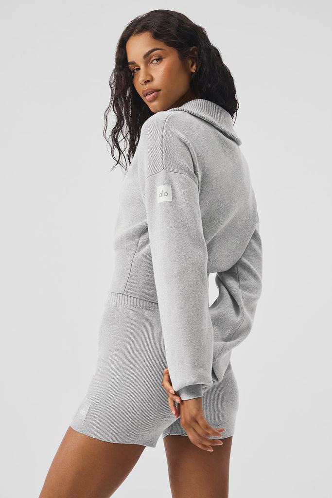 Alo Scholar Knit Cropped Full Zip Jacket - Athletic Heather Grey