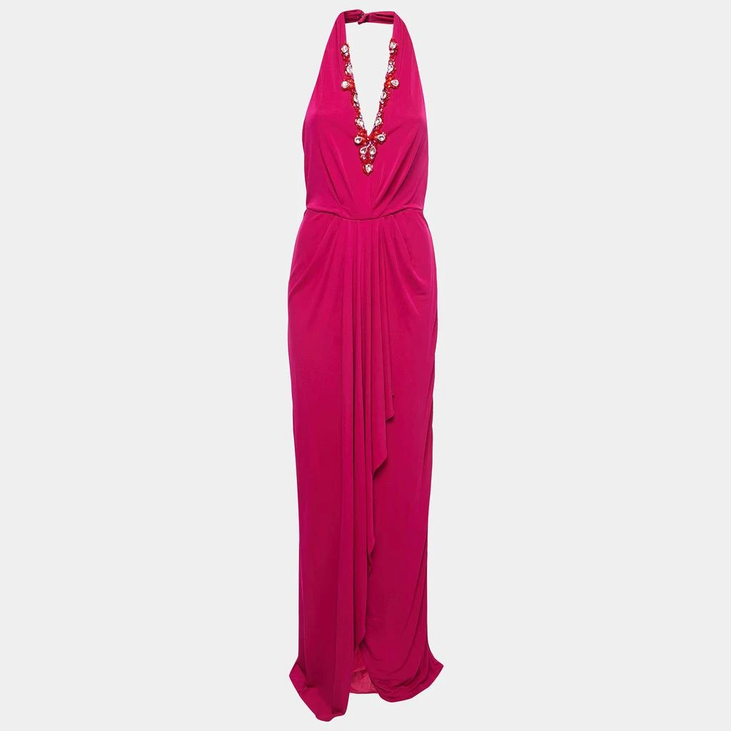 Badgley Mischka Badgley Mischka Pink Stretch Jersey Embellished Halter Gown M 1