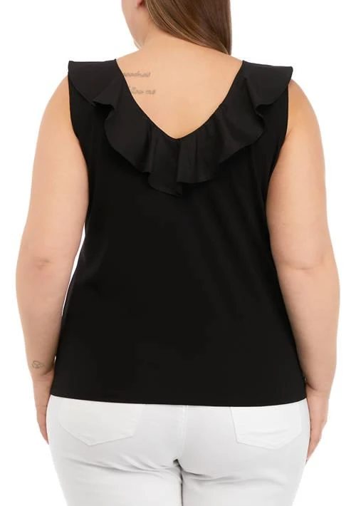 Anne Klein Plus Size Harmony with Woven Combo Double V-Neck Flounce Top 2