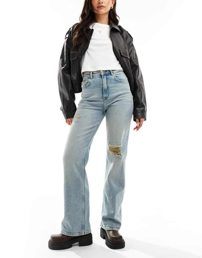 ONLY ONLY Camille high waist ripped wide leg jeans in light medium blue  1