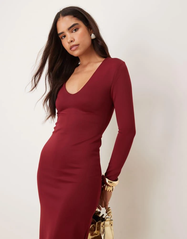 Glamorous v neck Bodycon Maxi Dress in burgundy-Red