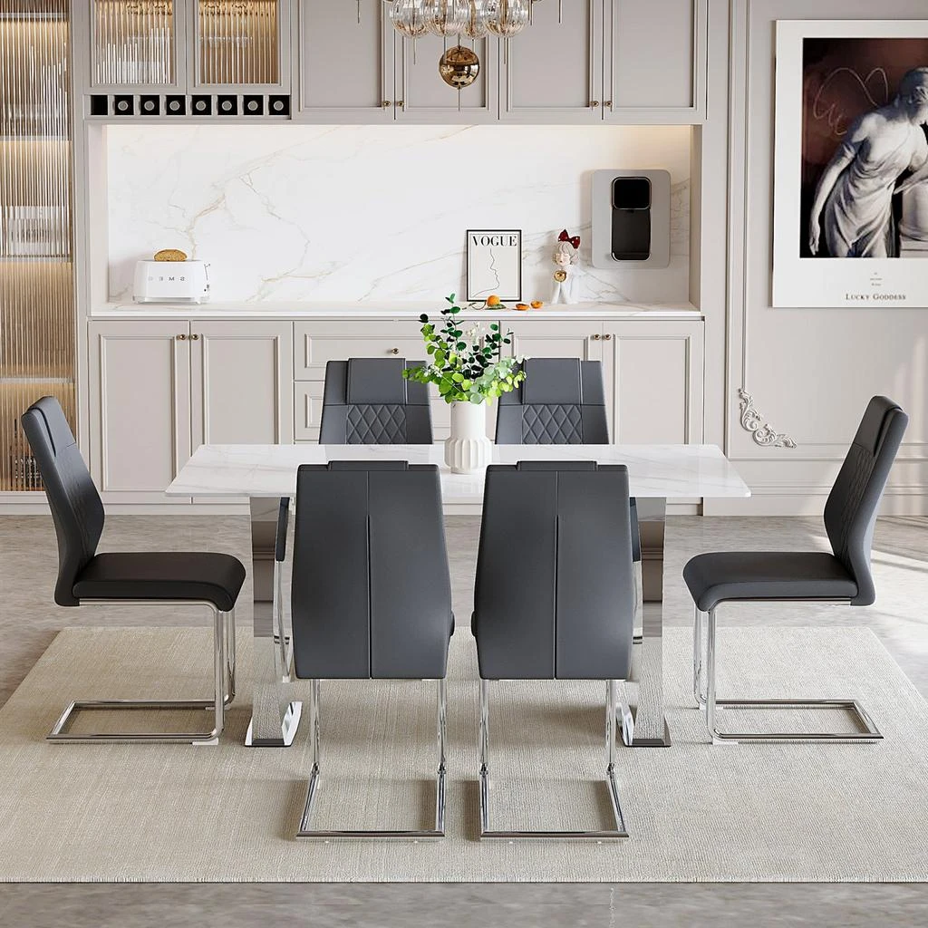 Streamdale Furniture Streamdale Snow Mountain Dining Set 63" Sintered Stone Table and 6 PU Chairs 1
