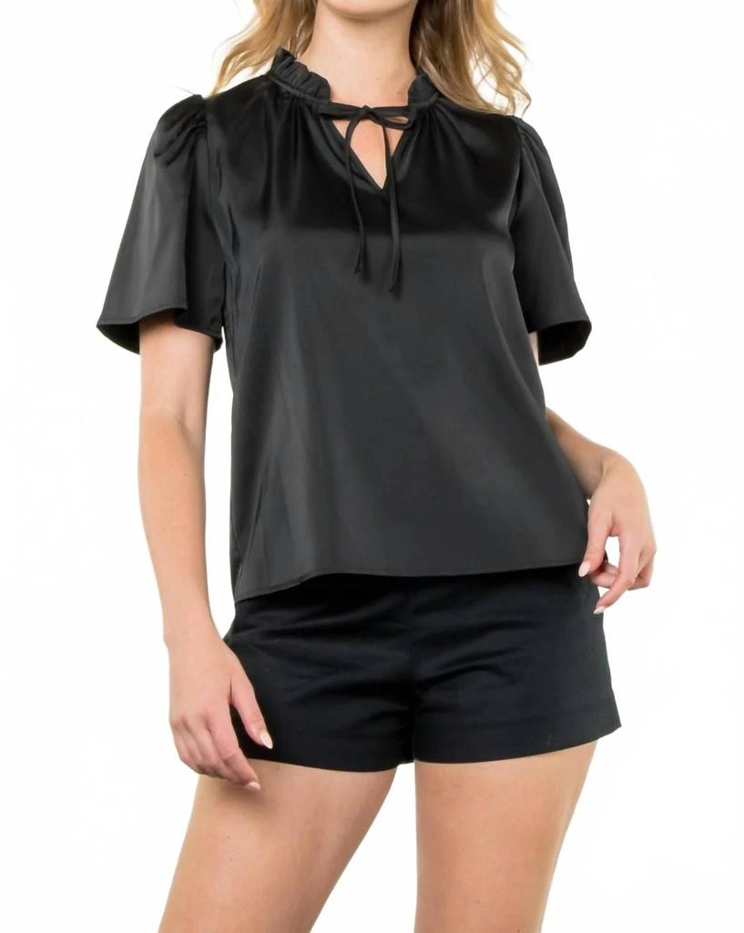 THML Faux Leather Tie Neck Top In Black