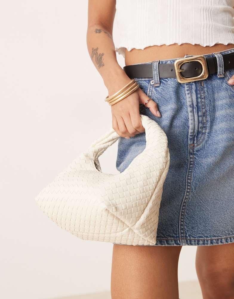 GINA TRICOT Gina Tricot braided weave small tote handbag with twisted handle in off white