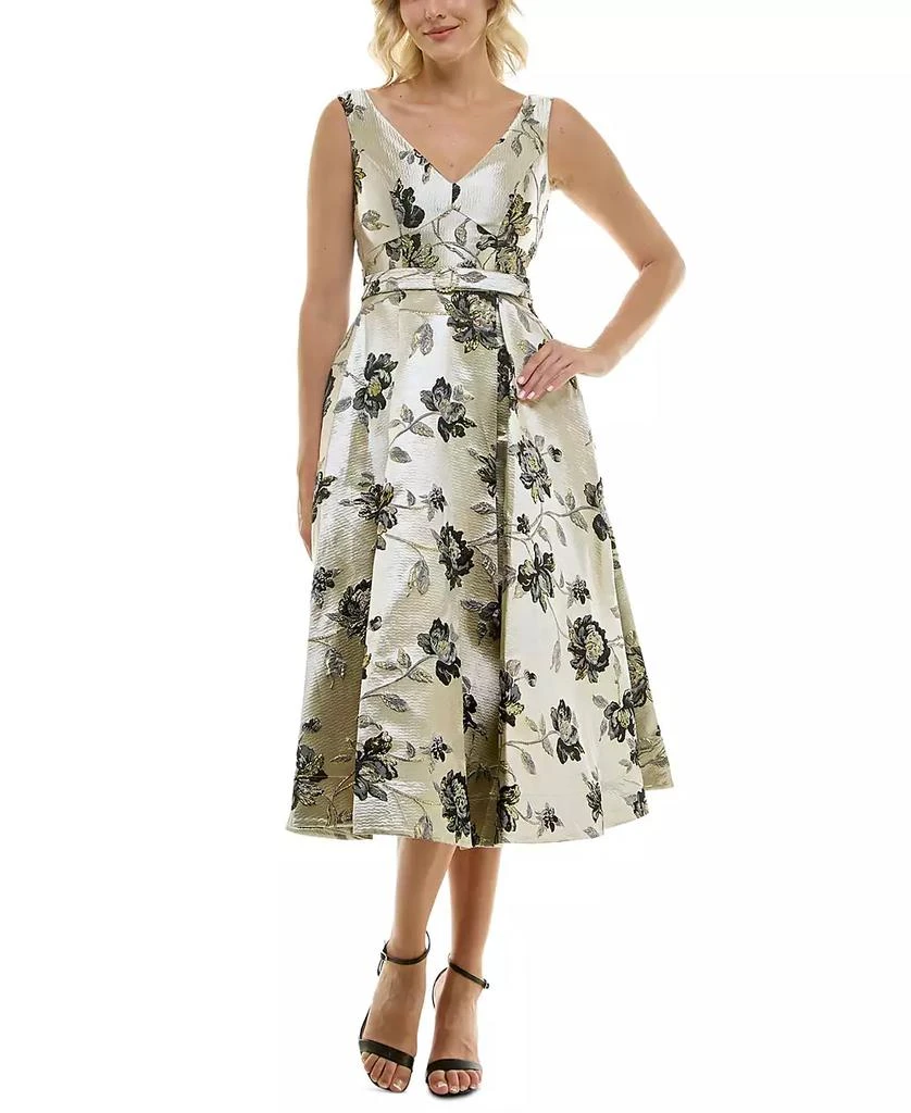 Taylor Women's Floral Jacquard V-Neck Belted Dress 1
