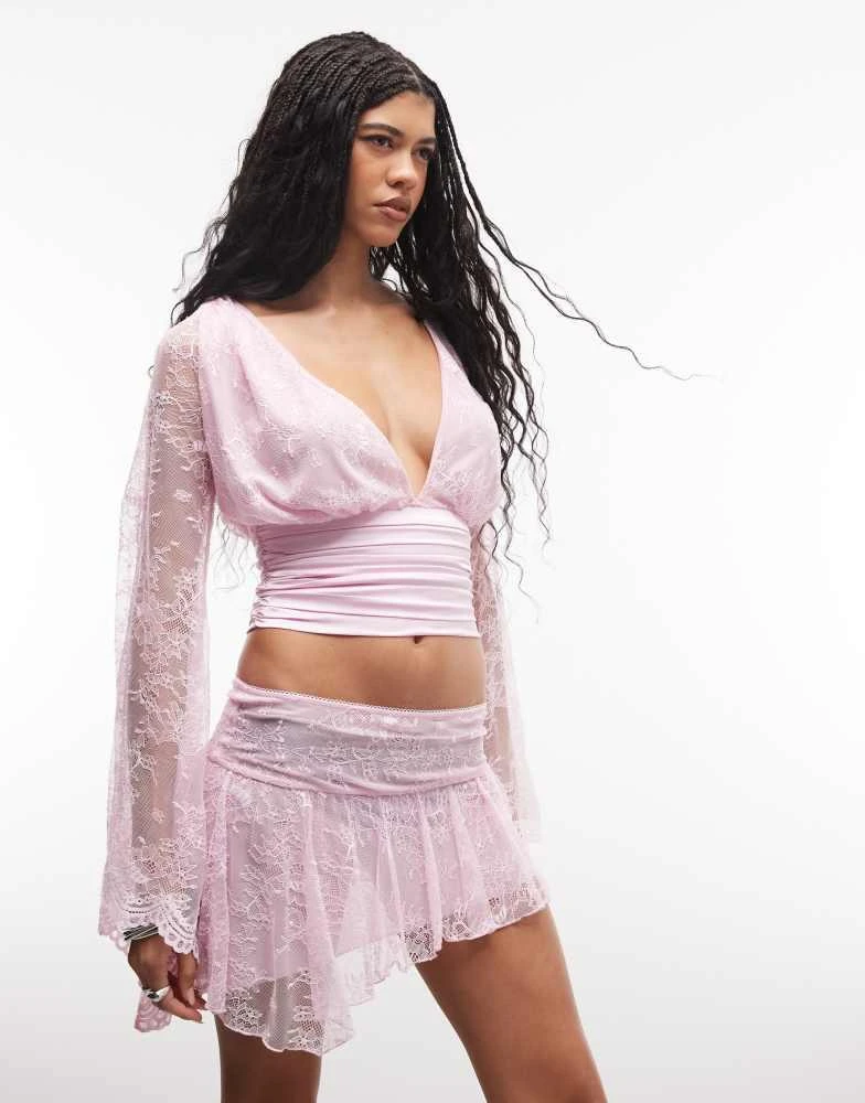 I.AM.GIA I.AM.GIA Stevie low rise lace asymmetric hem mini skirt co-ord in baby pink 3