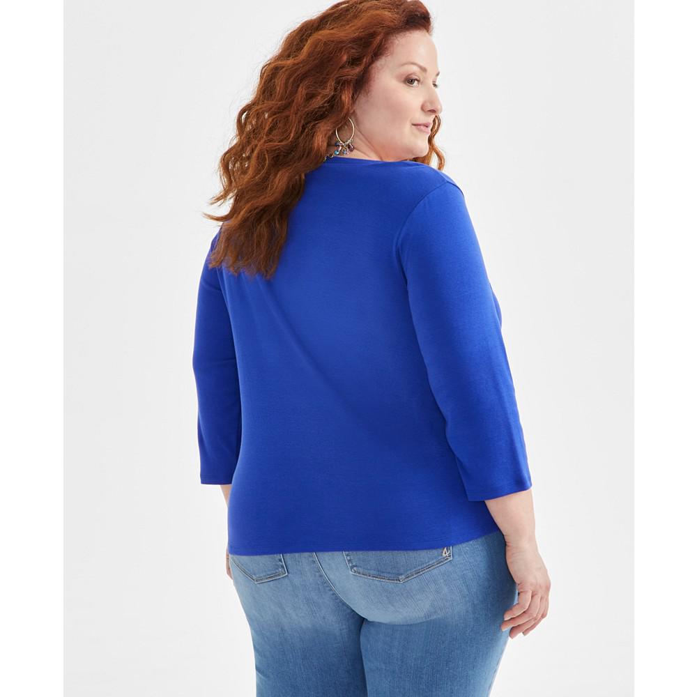 Style & Co Plus Size 3/4-Sleeve Cotton Henley Top, Created for Macy's