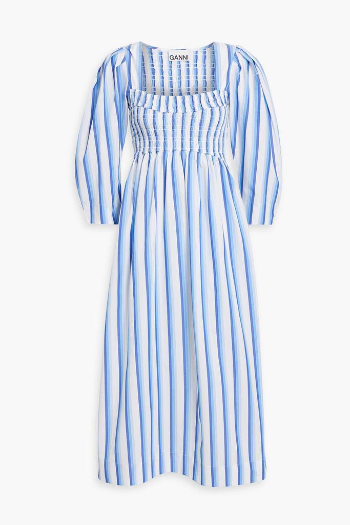 Ganni Shirred striped cotton-poplin midi dress
