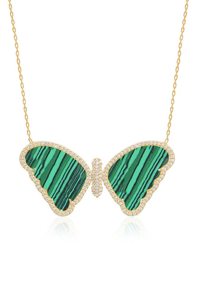 Gabi Rielle 14K Yellow Gold Plated Sterling Silver Pave CZ & Malachite Butterfly Pendant Necklace